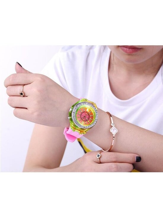 Women\'s Pink Analog Silicone Bling LED Luminous Lights Sport Square Wrist Watch